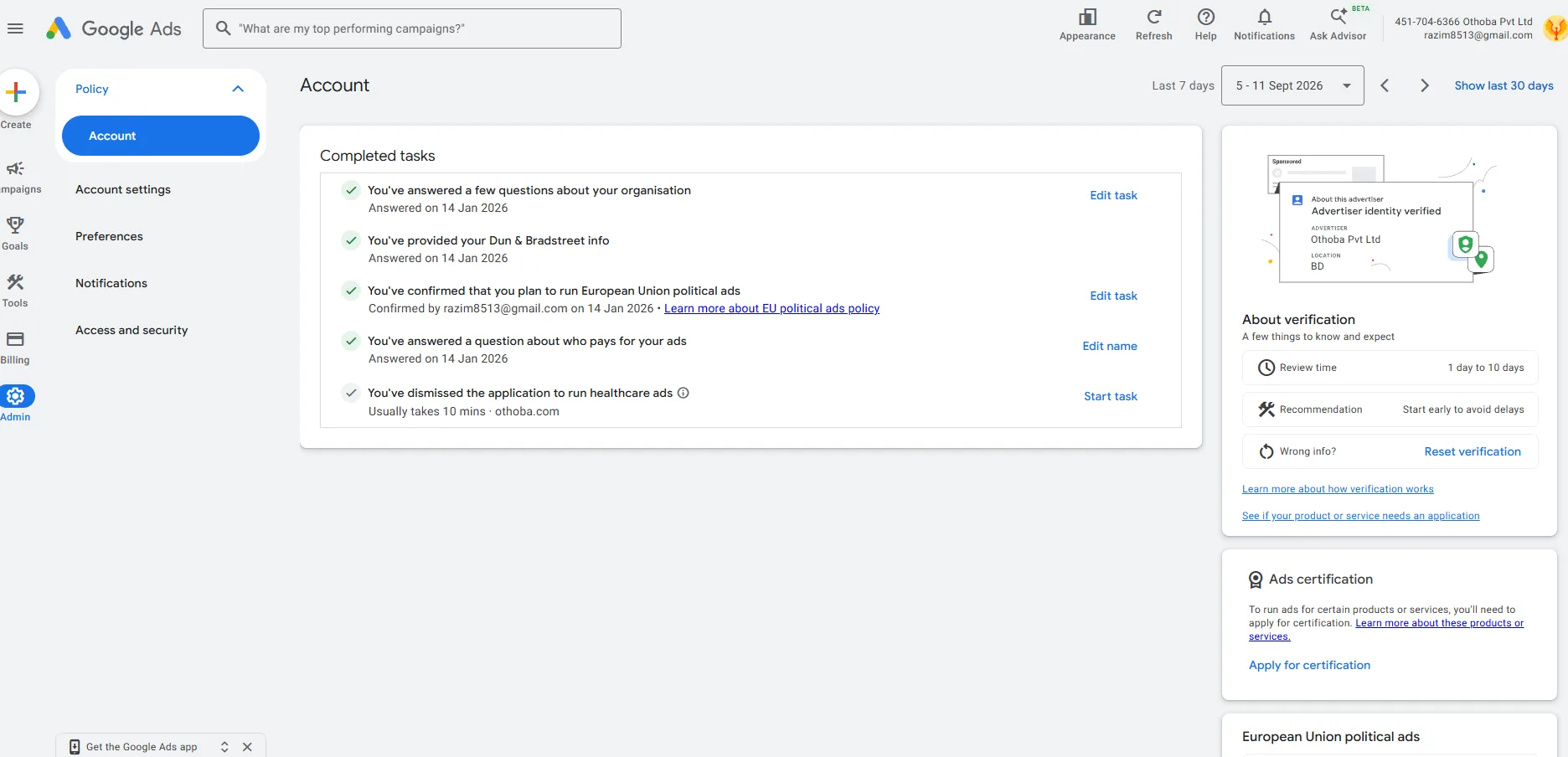 Google Verified Ads Account - Standalone, Advertiser Identity Verified view 3