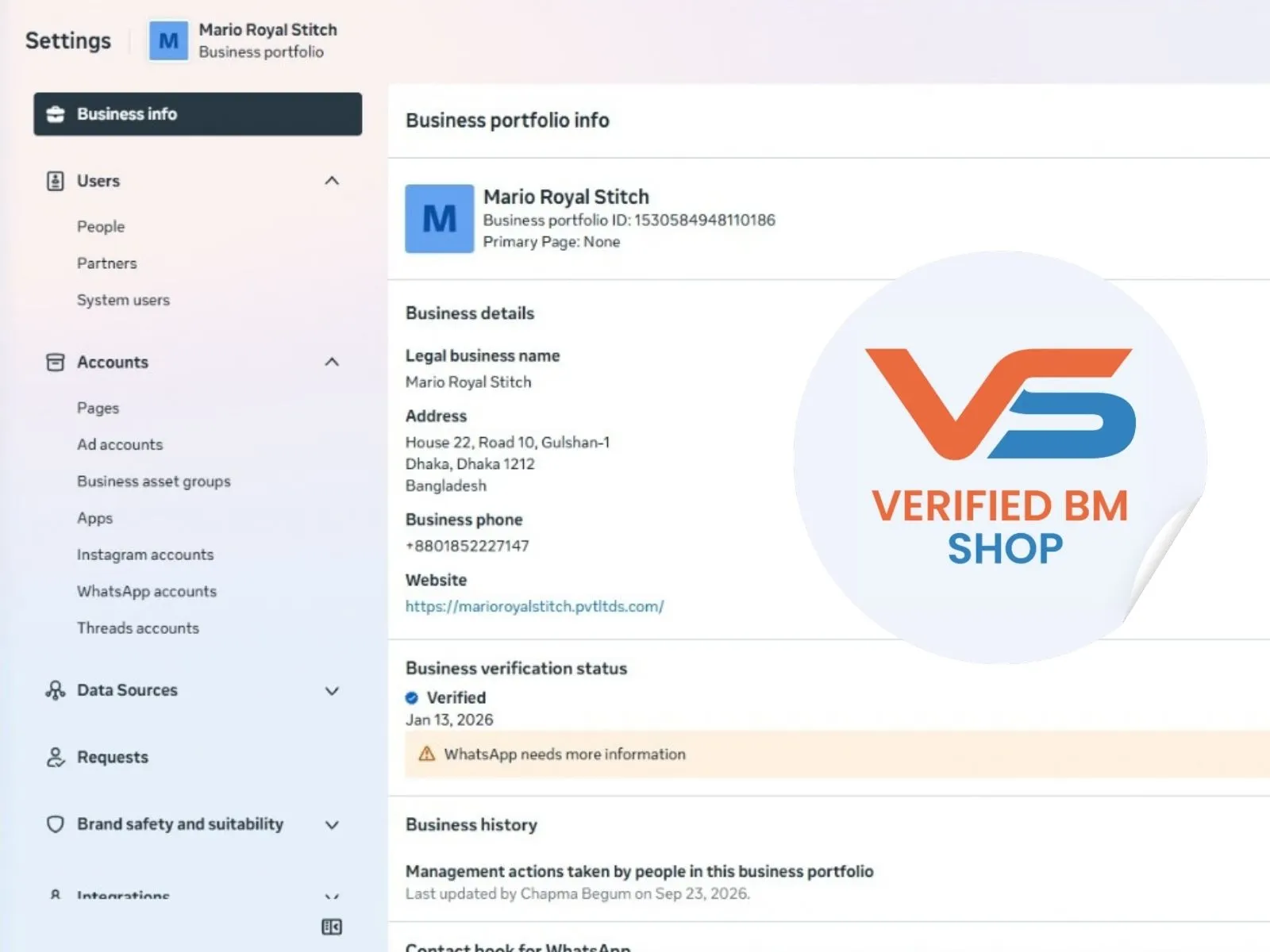 Verified BM 1 - Verified Meta Business Manager view 2