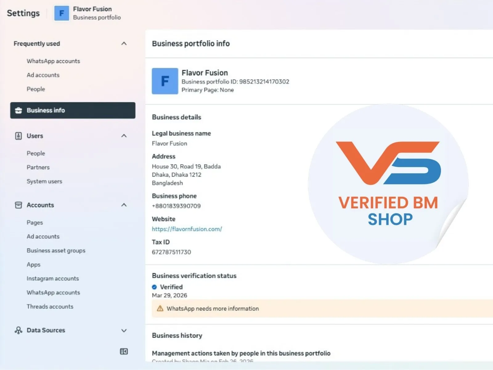 Verified BM 1 - Verified Meta Business Manager view 3