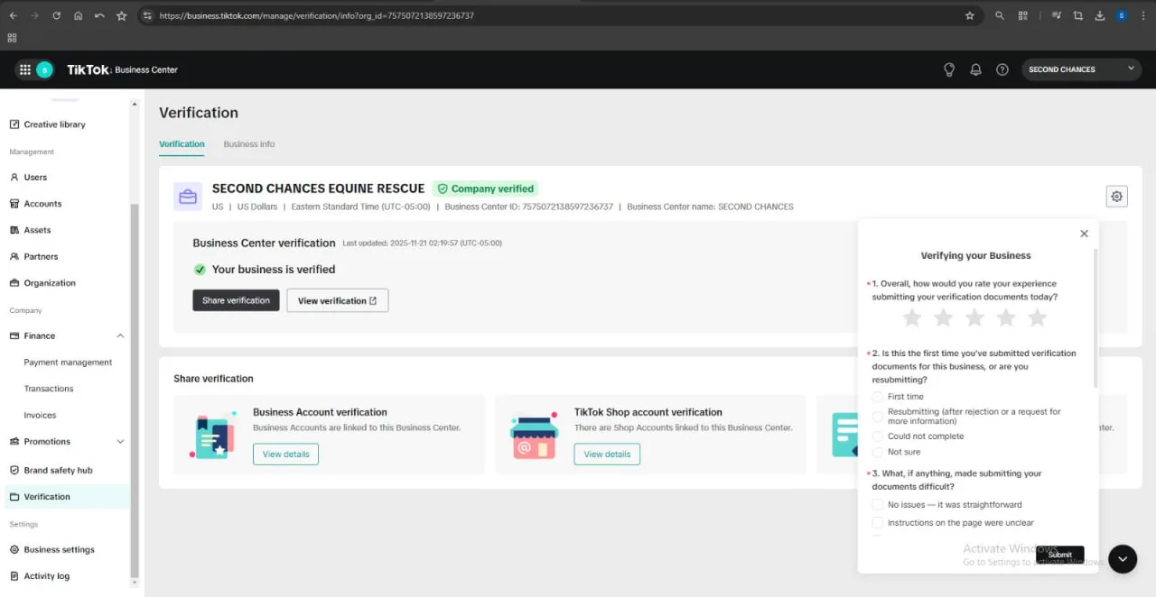 TikTok Agency Ad Account – Verified US Business Center view 2